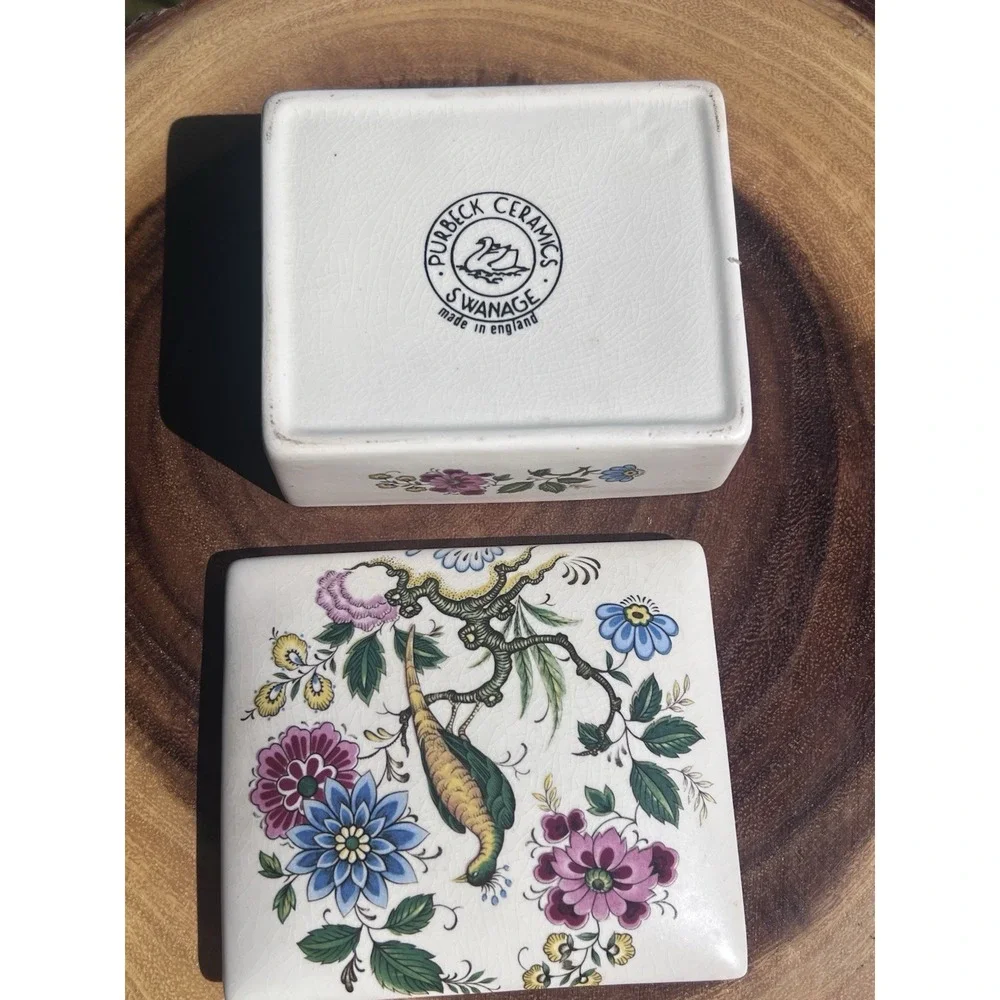 Vintage Purbeck Ceramics Swanage England Trinket Box Peacock Floral Chinoiserie